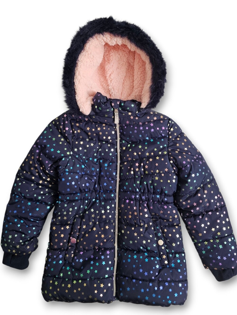 Kids Star-Print Puffer Coat with Faux-Fur Hood - Pink Lining